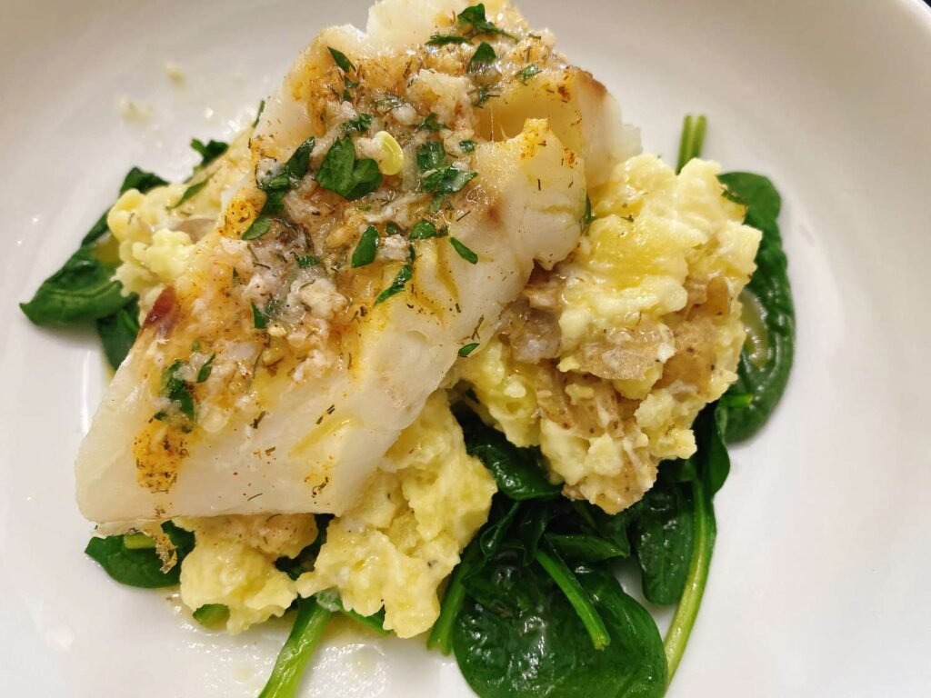 Baked Cod with Garlic Butter and Steamed Spinach