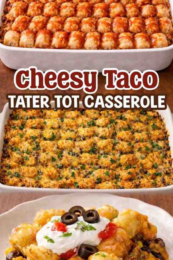 Cheesy taco tater tot casserole stages