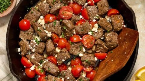 Mediterranean Steak Bites Recipe with Yogurt Sauce