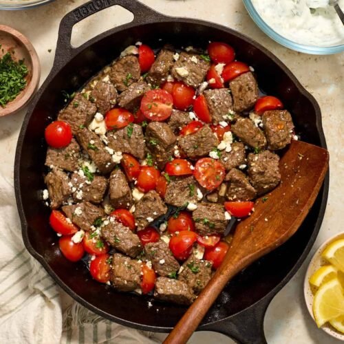 Mediterranean Steak Bites Recipe with Yogurt Sauce