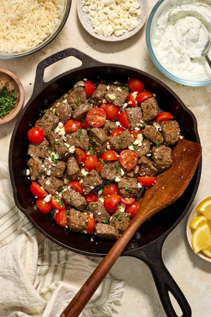 Mediterranean Steak Bites Recipe with Yogurt Sauce
