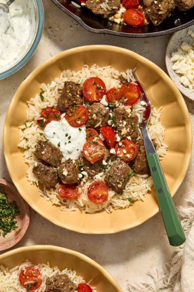 Mediterranean Steak Bites Recipe with Yogurt Sauce
