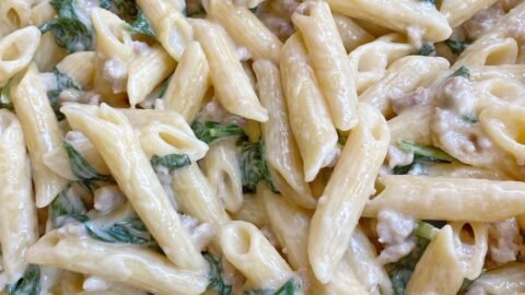 20 Minute Creamy Garlic Sausage & Spinach Pasta