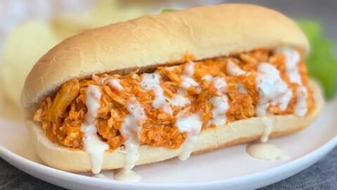 Easy Crockpot Shredded Buffalo Chicken Sandwiches