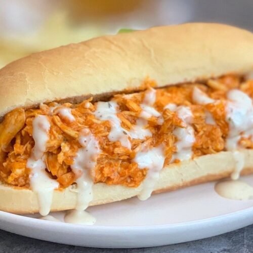 Easy Crockpot Shredded Buffalo Chicken Sandwiches