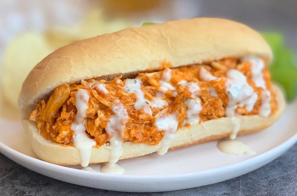 Easy Crockpot Shredded Buffalo Chicken Sandwiches