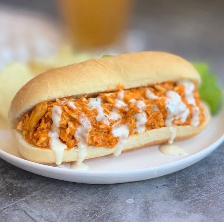 Easy Crockpot Shredded Buffalo Chicken Sandwiches