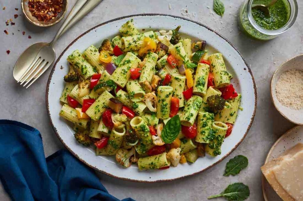 Rigatoni with Roasted Vegetables and Pesto