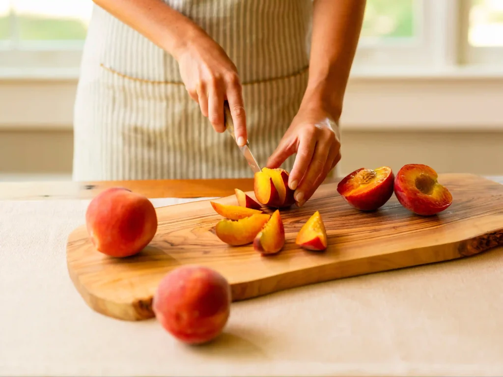 Wash the peaches thoroughly under cool running water. Slice them into thin wedges or bite-sized chunks, removing the pits. You can peel the peaches if you prefer, but leaving the skin on adds beautiful color and extra flavor.
