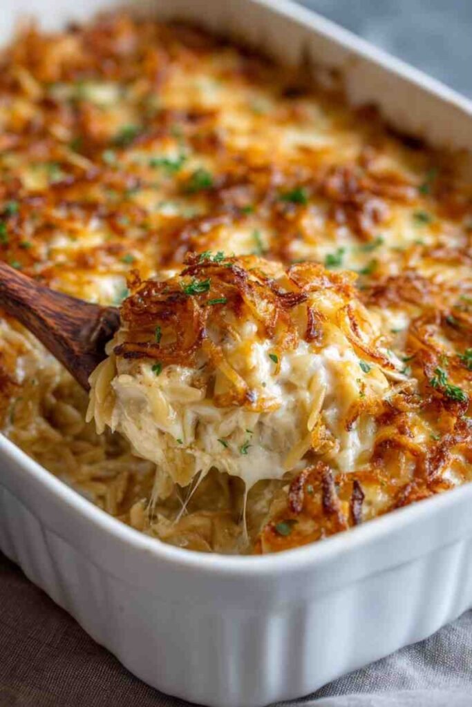French Onion Chicken Orzo Casserole