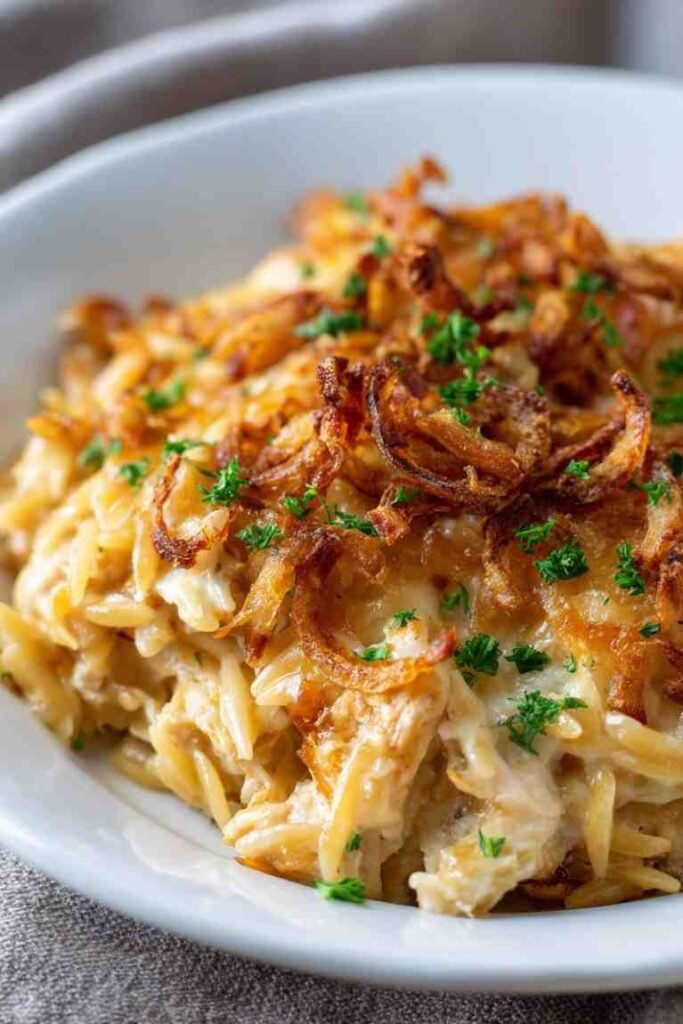 French Onion Chicken Orzo Casserole