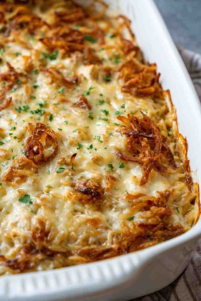 French Onion Chicken Orzo Casserole