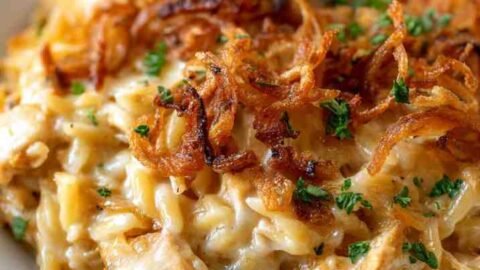 French Onion Chicken Orzo Casserole