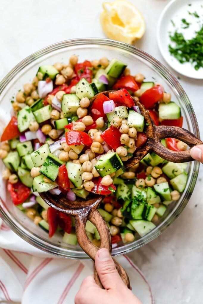 Fresh Chickpea Tomato Salad with Crispy Feta

