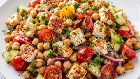 Fresh Chickpea Tomato Salad with Crispy Feta