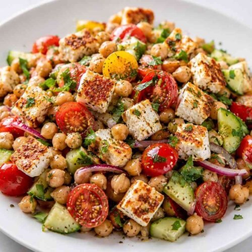 Fresh Chickpea Tomato Salad with Crispy Feta