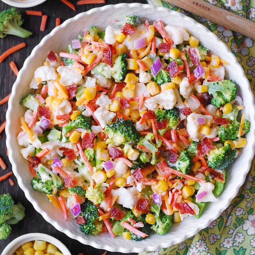 Easy and Delicious Creamy Broccoli Cauliflower Corn Salad