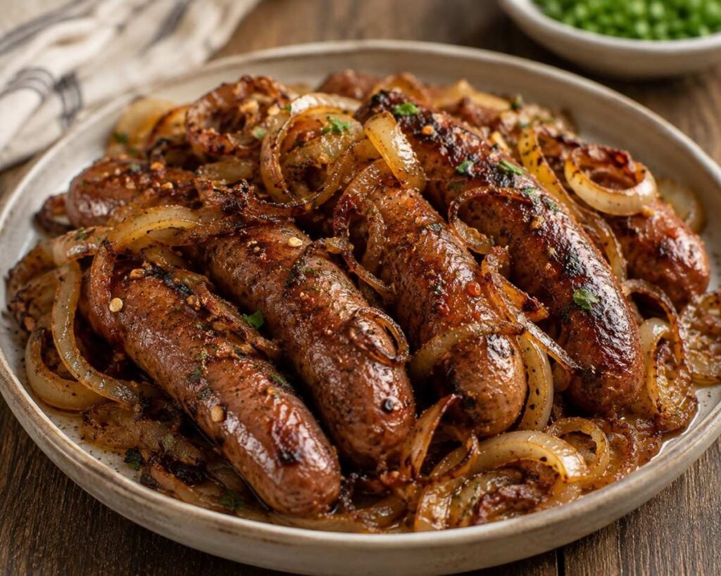 Spiced Sausages and Crispy Onions