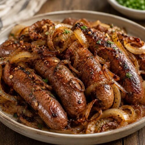 Spiced Sausages and Crispy Onions