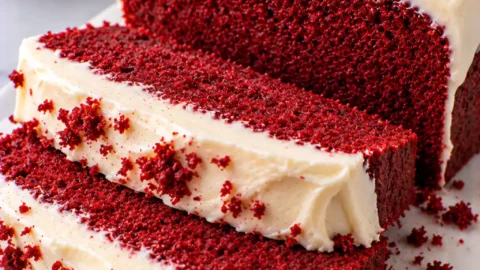 Red Velvet Loaf Cake with Vanilla Frosting