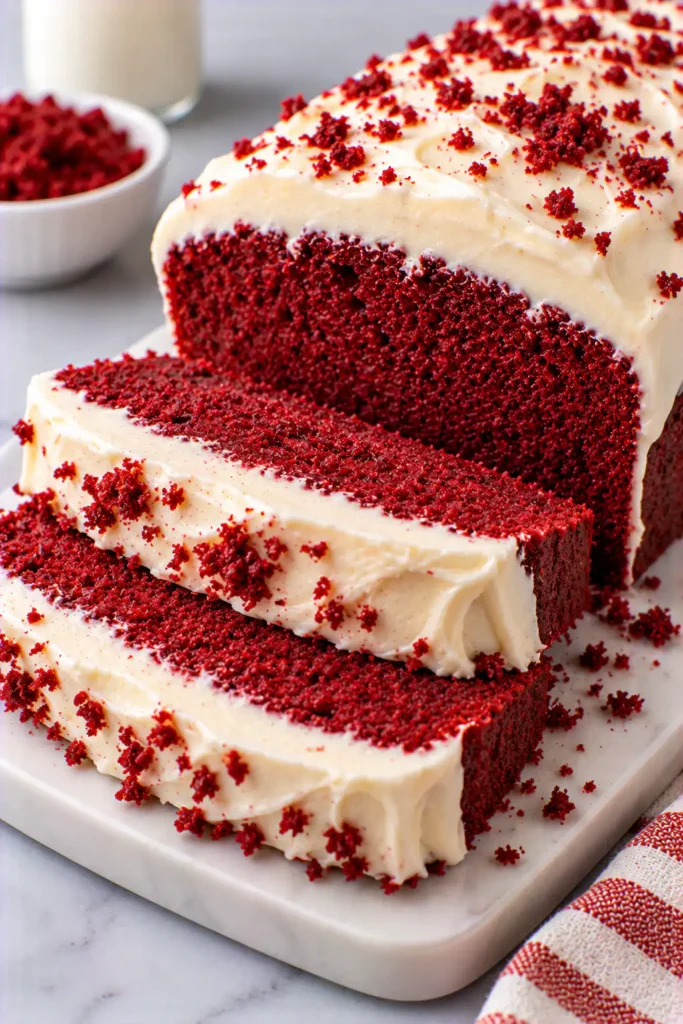 Red Velvet Loaf Cake with Vanilla Frosting