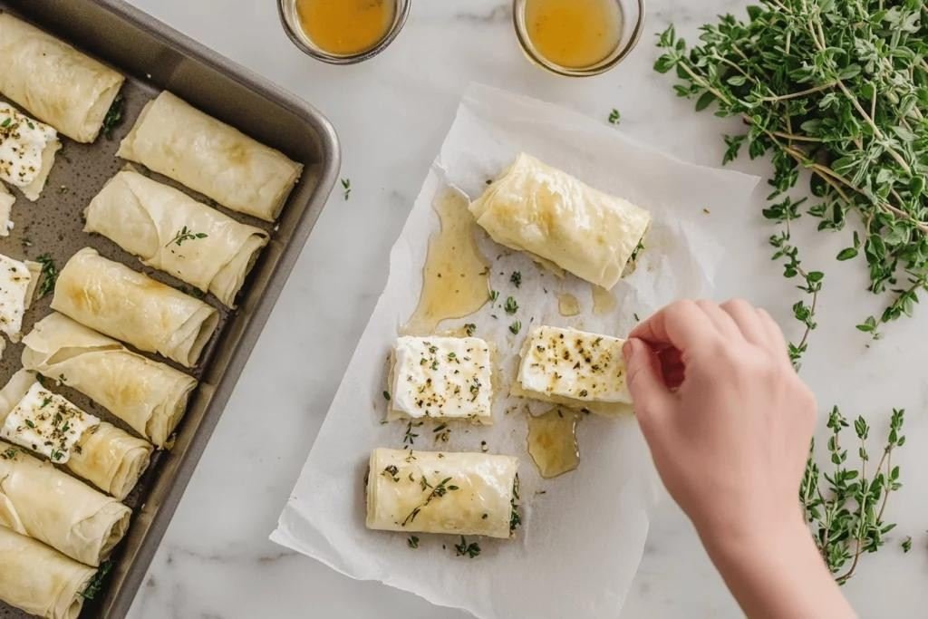 Oven Fried Feta Rolls with Chili Honey
