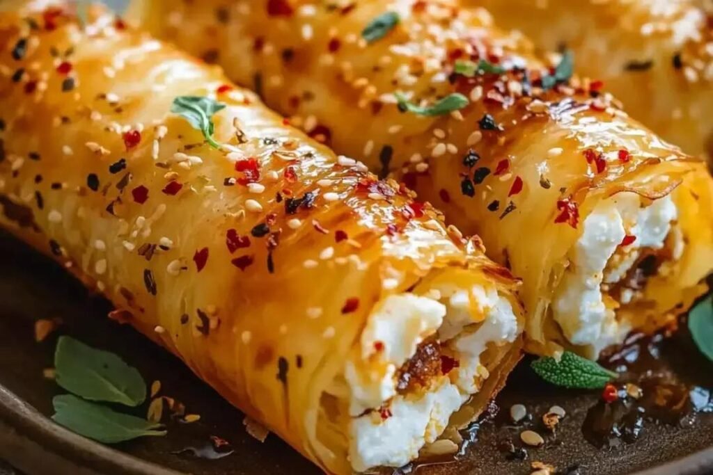 Oven Fried Feta Rolls with Chili Honey