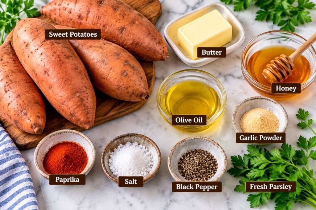 Honey Butter Smashed Sweet Potatoes Ingredients-150kb